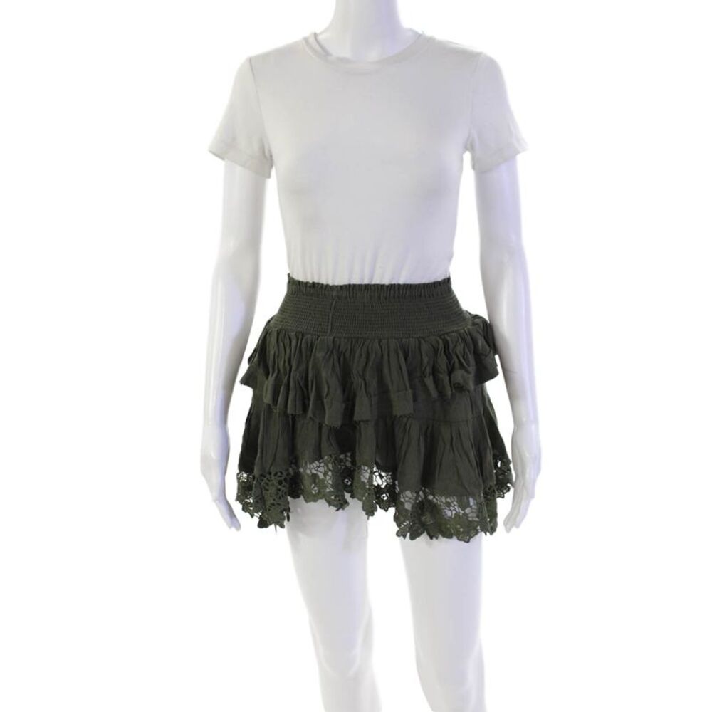 Muche Et Muchette Womens Smocked Waistband Lace Trim Skirt Olive Green One Size